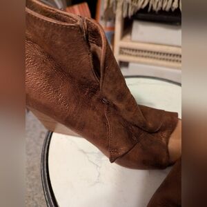 Miz Mooz Sidezip Copper Leather Open Toe Wedge Sole Ankle Booties Sz 39/8